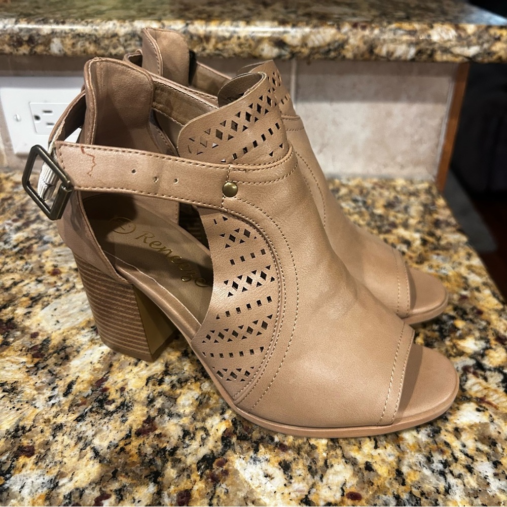 Reneeze Women's Tan Peep-Toe Heeled Sandals Adjustable Strap Heels